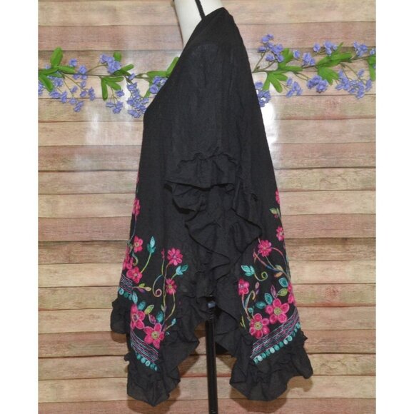 Womens Black Embroidered Floral Open Front Cover Up Cardigan Plus Size 4X Ruffle - Picture 6 of 10